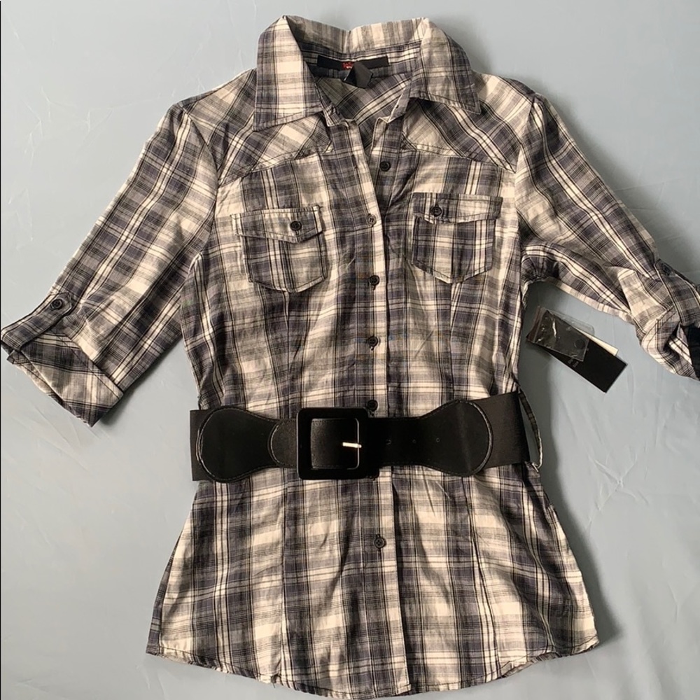 Juniors Belted Plaid Woven Top